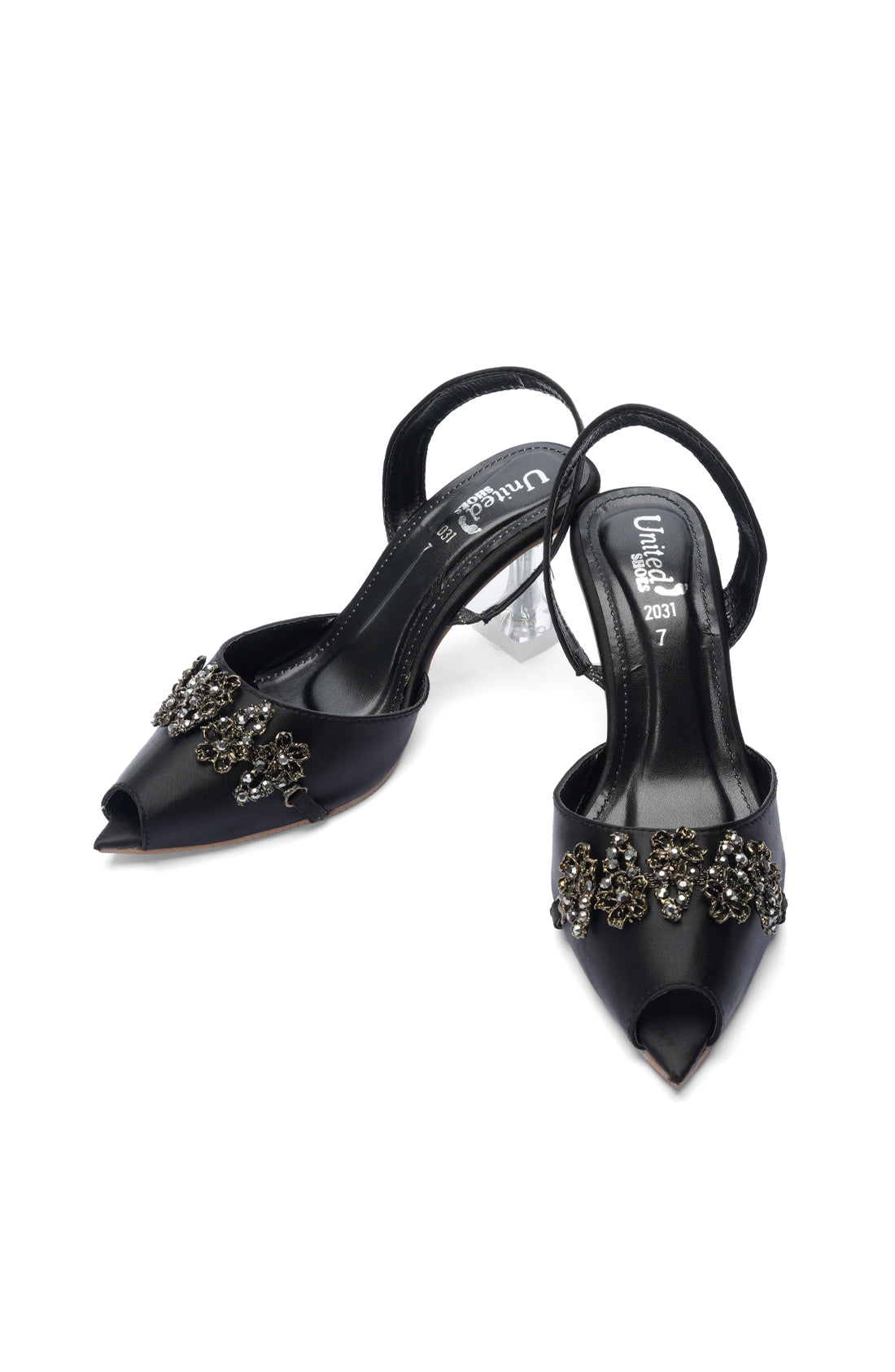 Emerald Black Embellished Slingback Heels with Transparent Block Heel