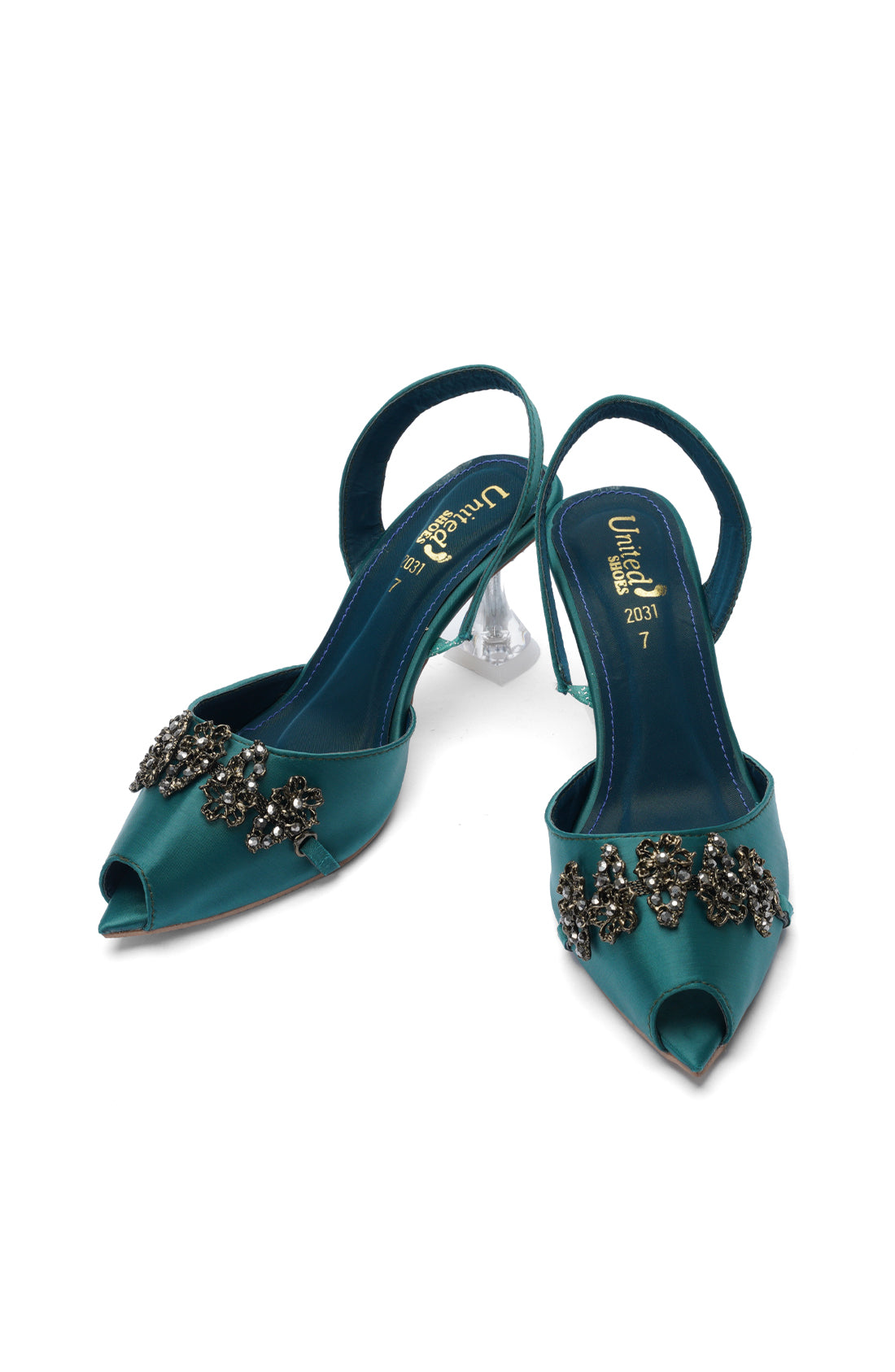 Emerald Green Embellished Slingback Heels with Transparent Block Heel