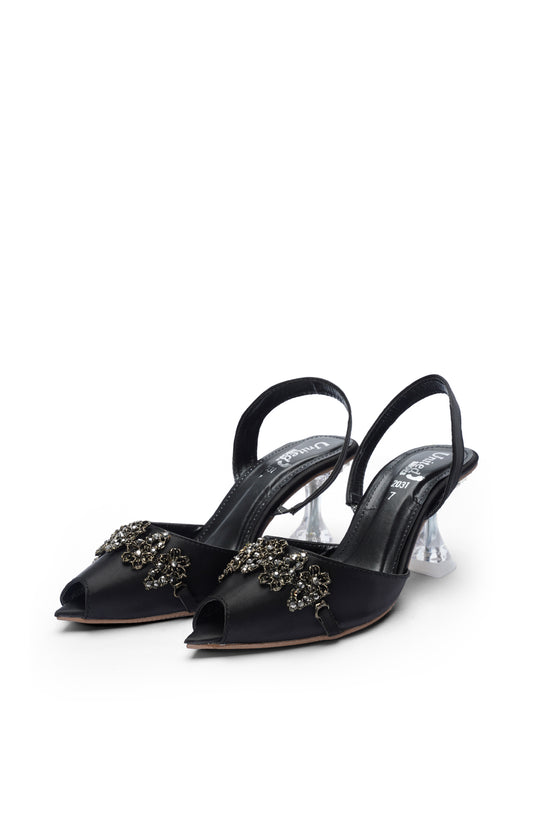 Emerald Black Embellished Slingback Heels with Transparent Block Heel