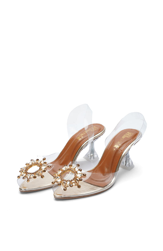 Cinderella Transparent Preego Court Shoes – Golden Elegance with Transparent Block Heels