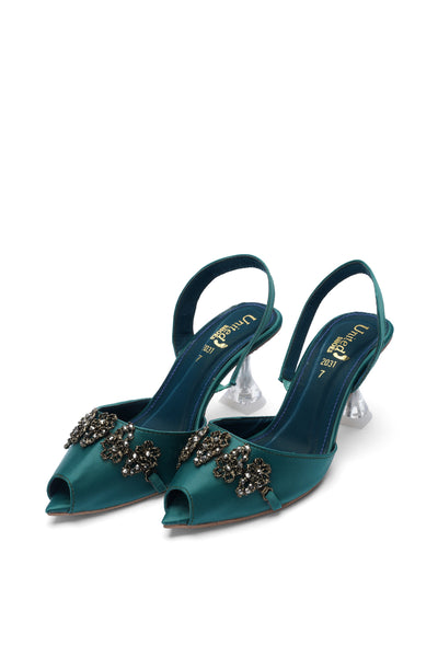 Emerald Green Embellished Slingback Heels with Transparent Block Heel