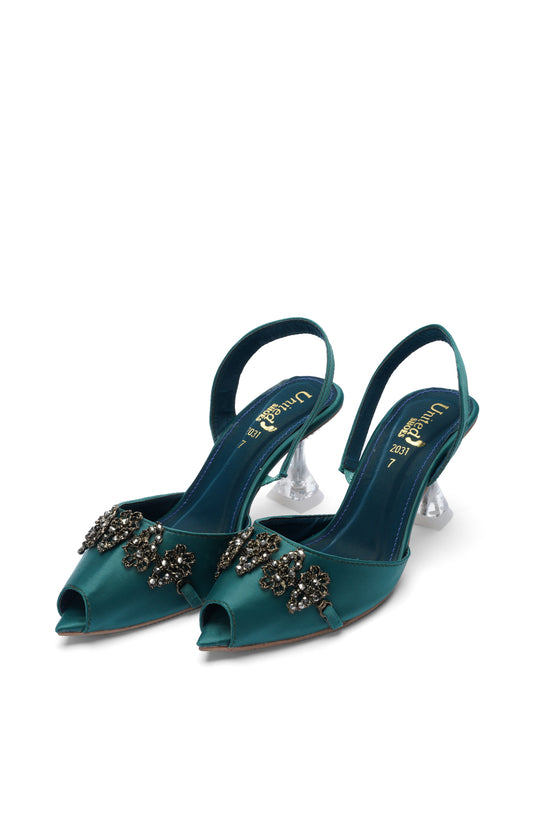 Emerald Green Embellished Slingback Heels with Transparent Block Heel