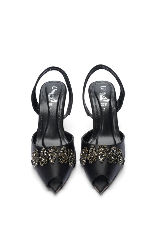 Emerald Black Embellished Slingback Heels with Transparent Block Heel