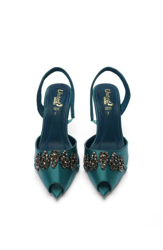 Emerald Green Embellished Slingback Heels with Transparent Block Heel
