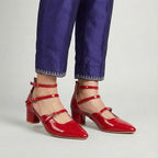 Crimson Charm – Triple Strap Block Heels - Preego
