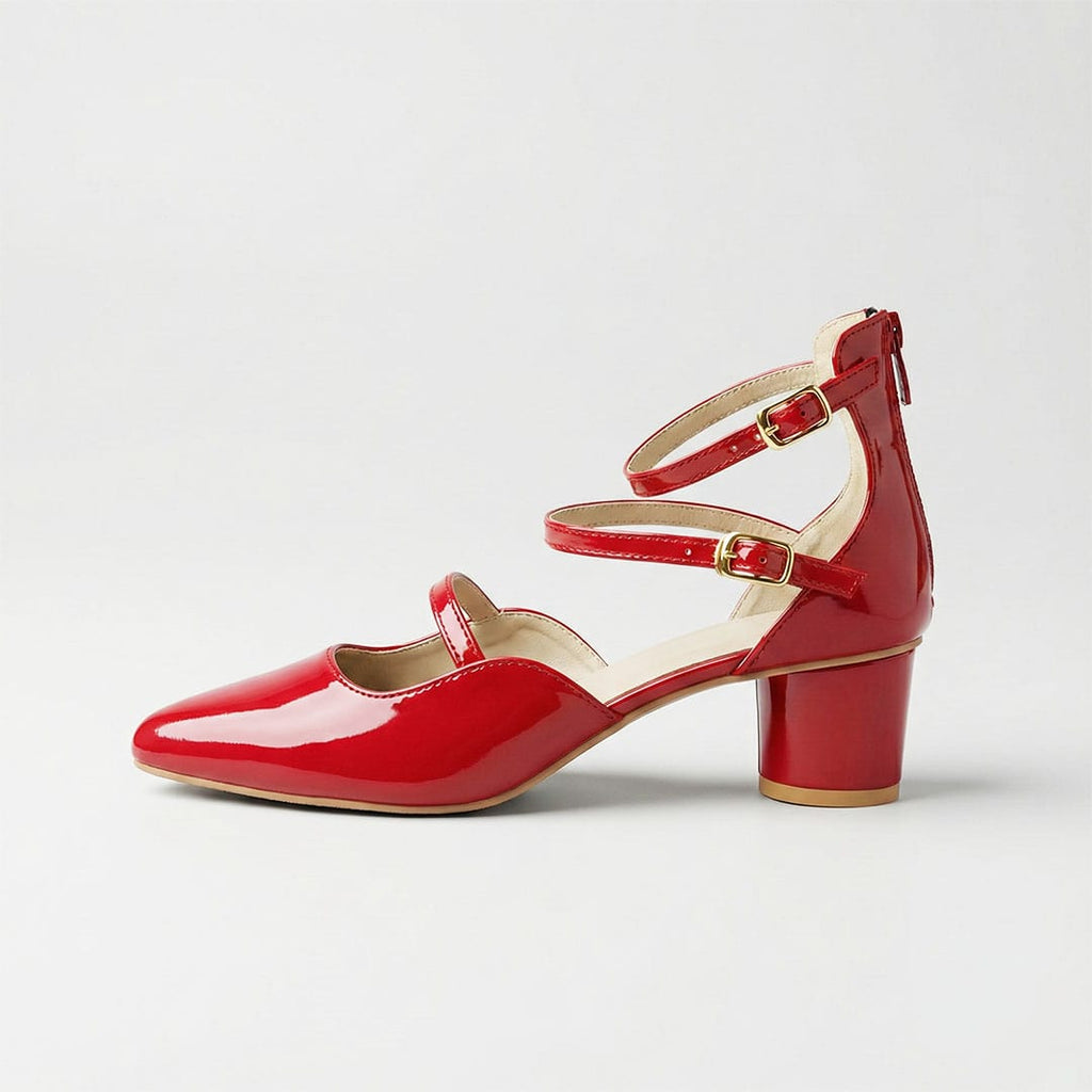 Crimson Charm – Triple Strap Block Heels - Preego