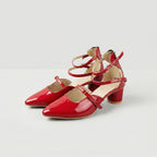 Crimson Charm – Triple Strap Block Heels - Preego