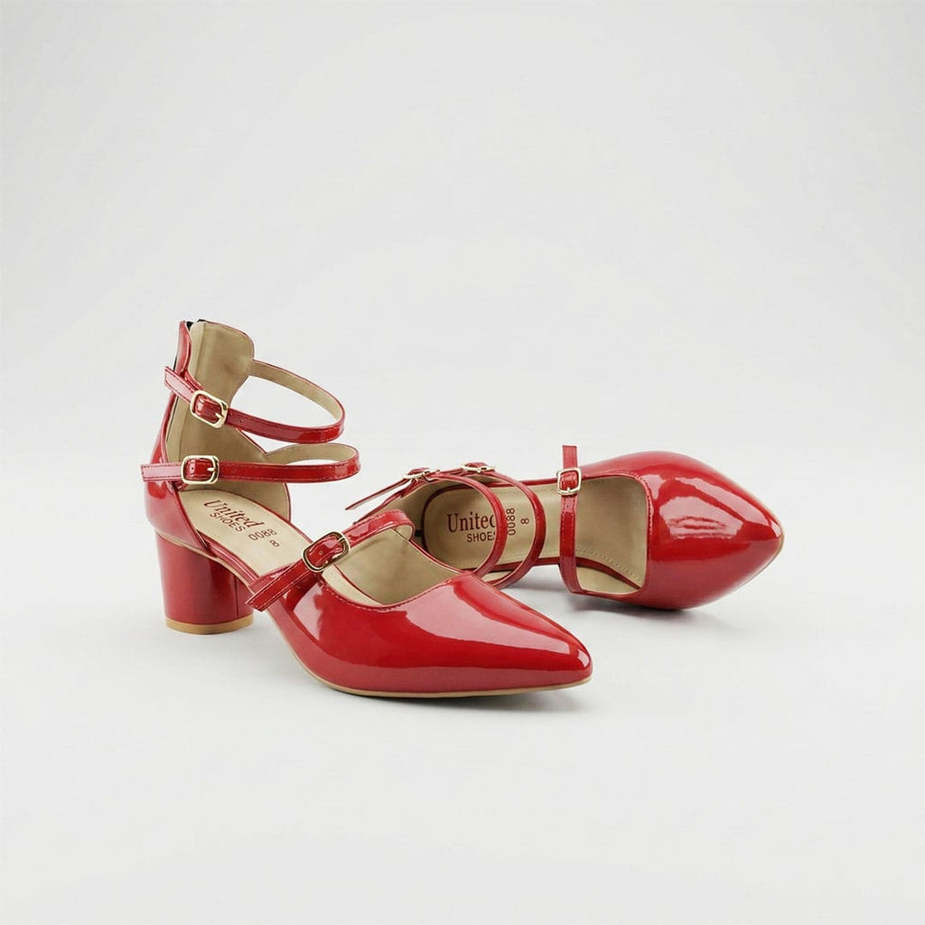 Crimson Charm – Triple Strap Block Heels - Preego