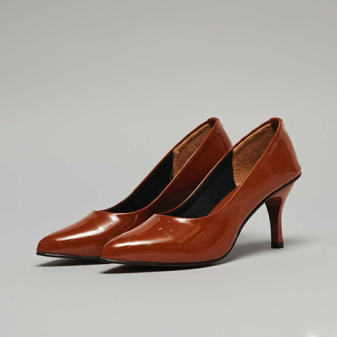 Glossy Brown Court Heels - Preego