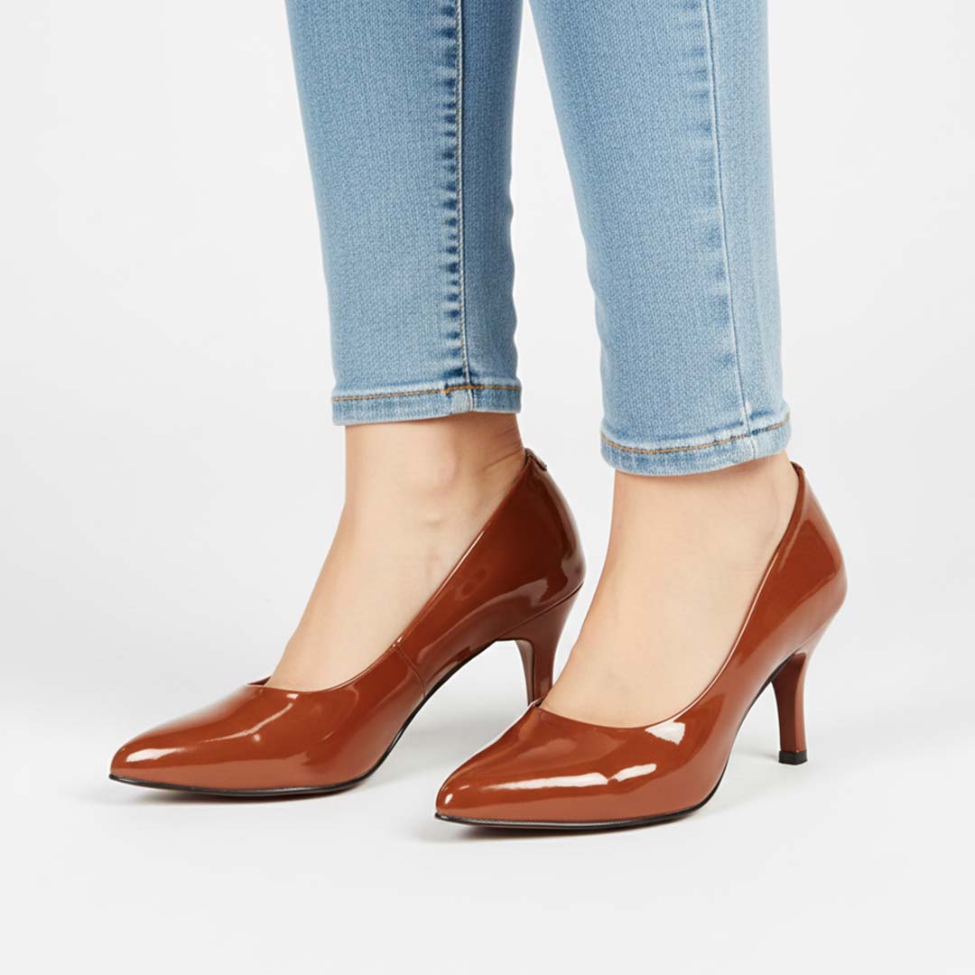 Glossy Brown Court Heels - Preego