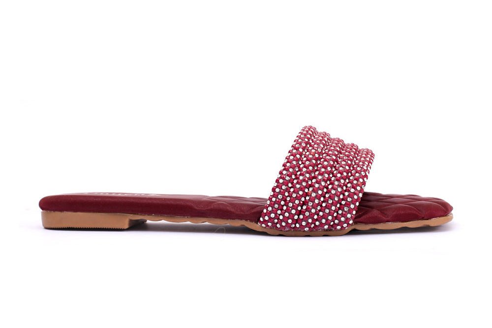 Maroon Stone Embellished Flat Slippers - Preego